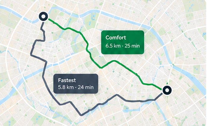 Map of Berlin with the fastest route in grey and the Comfort route in green